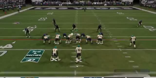 The pre-snap frame of a 3rd and inches play.