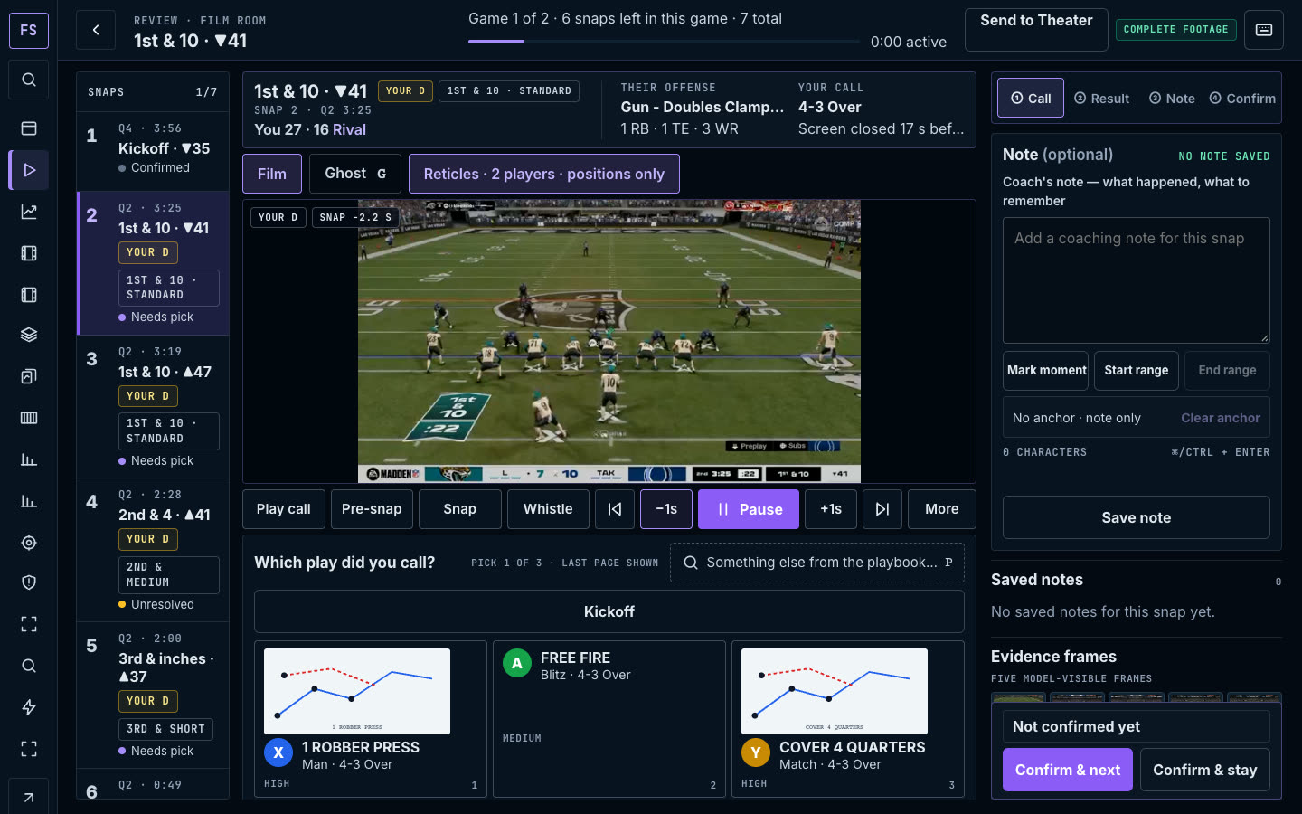 The Film room: the snap list, the video with brackets on the players, and the call to confirm.